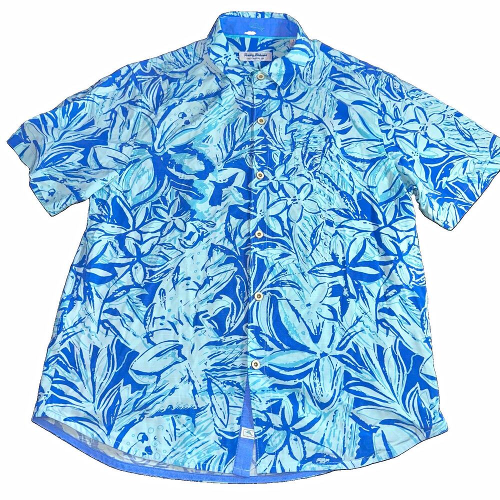 Tommy Bahama Veracruz Cay Shirt Mens Large Blue Floral Ecovero Viscose Tropical